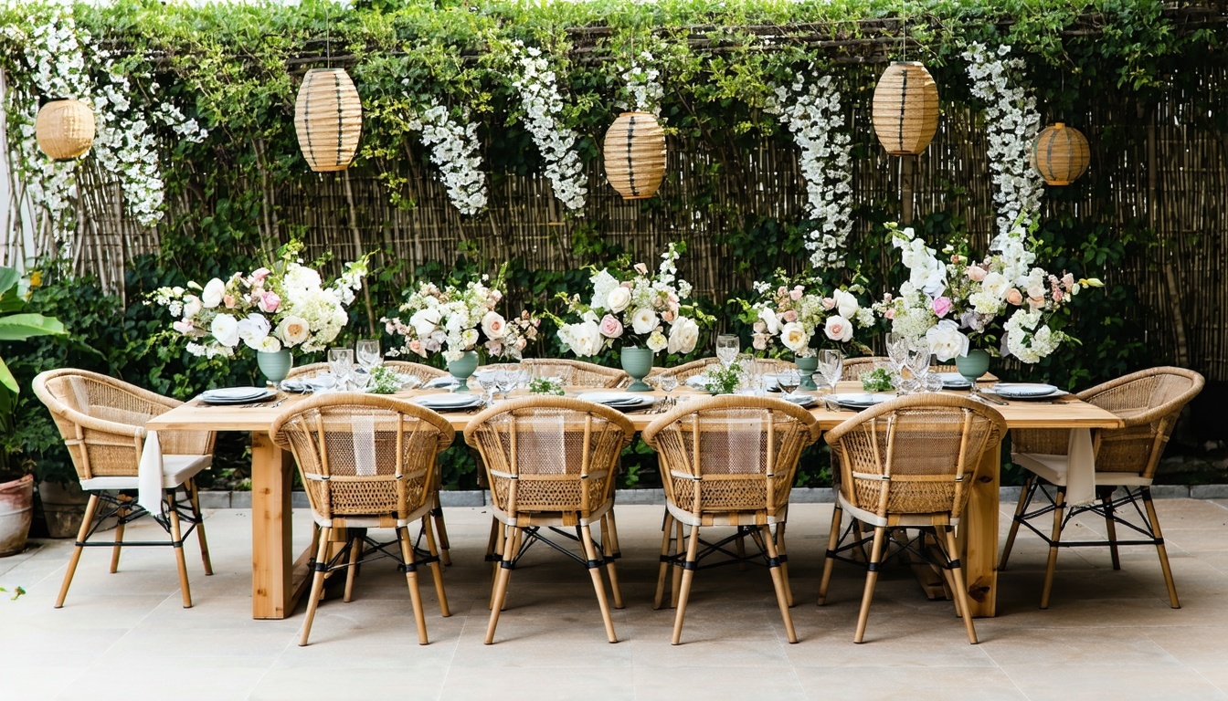 Chic garden party setup with rattan chairs, white floral arrangements, and hanging lanterns against a lush green backdrop, ideal for a bachelorette brunch.
