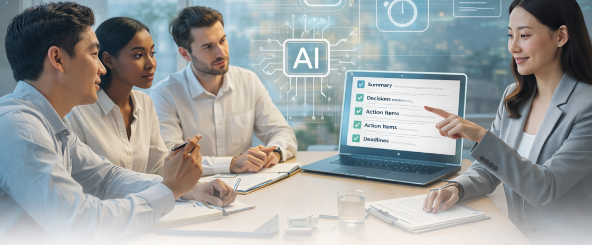 Featured image: manager reviewing AI meeting summary and action items