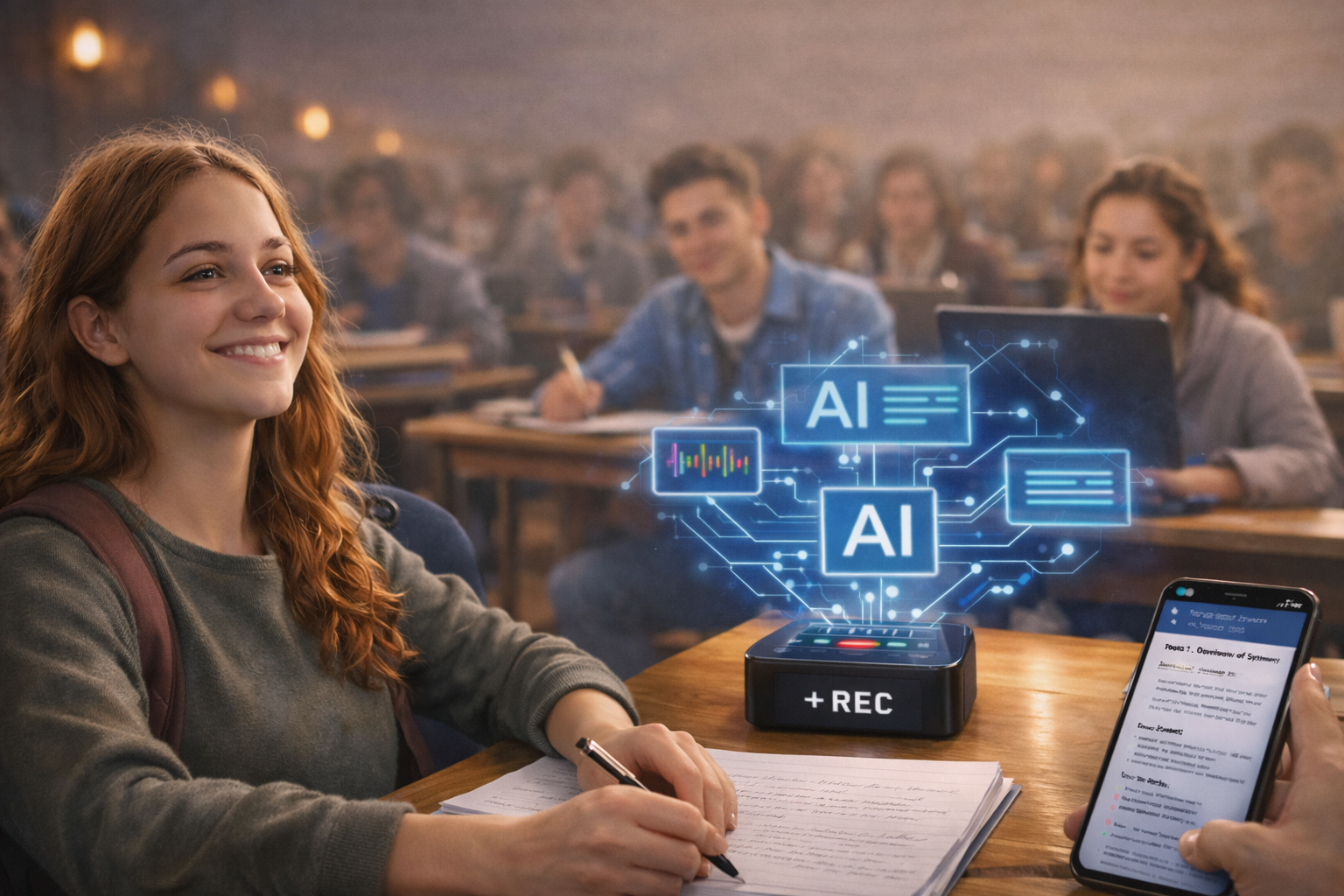 Overwhelmed student using an AI lecture capture tool to turn recordings into organized notes